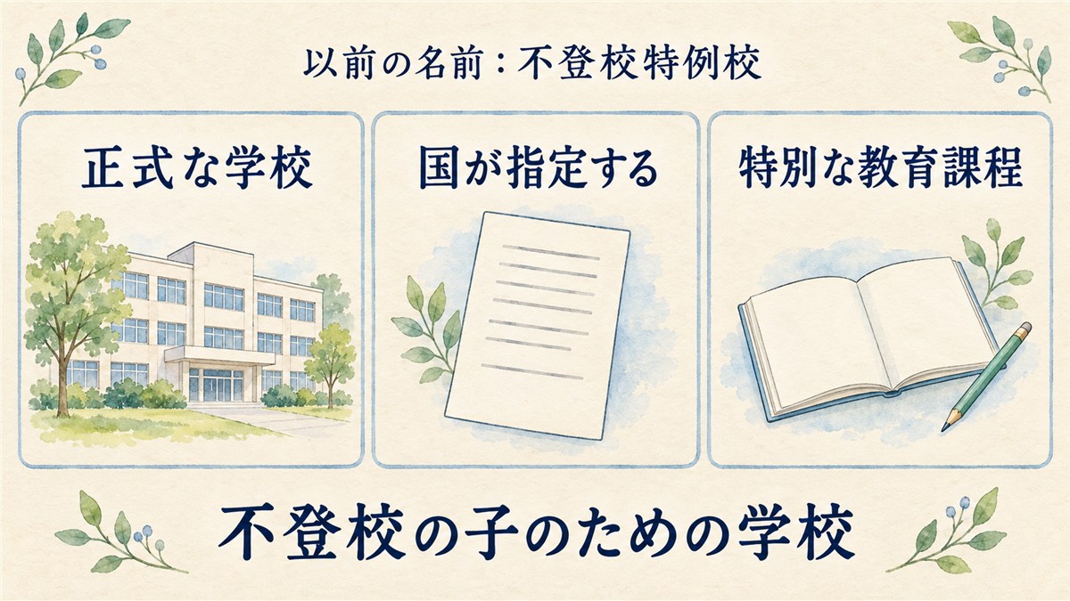 旧名称と、正式な学校・国の指定・特別な教育課程という学びの多様化学校の位置づけを整理した図解