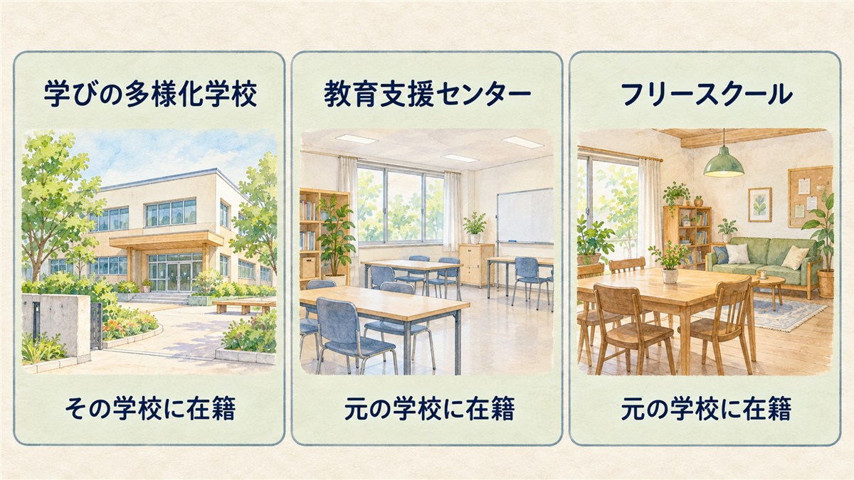学びの多様化学校、教育支援センター、フリースクールを異なる建物や室内の絵で並べ、在籍先の違いを示した図解