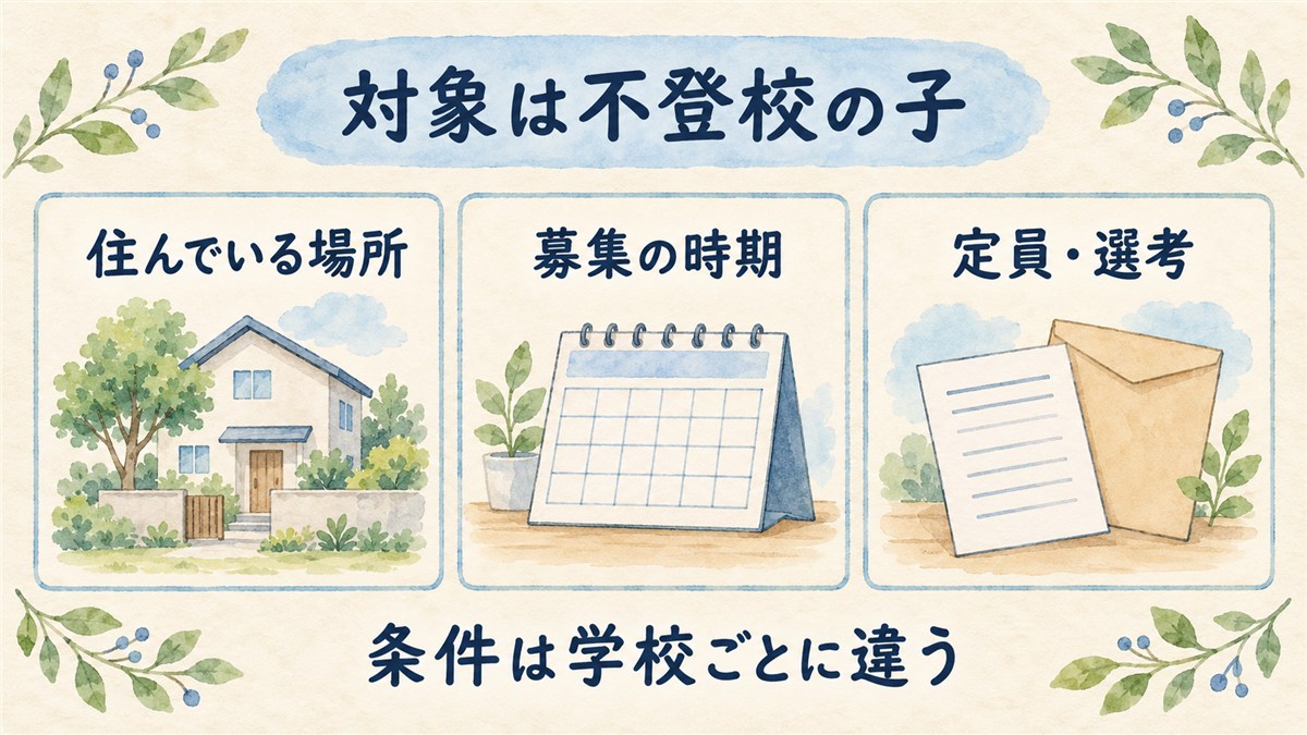 不登校の子が対象であることと、住所・募集時期・定員や選考の条件が学校ごとに違うことを示した図解