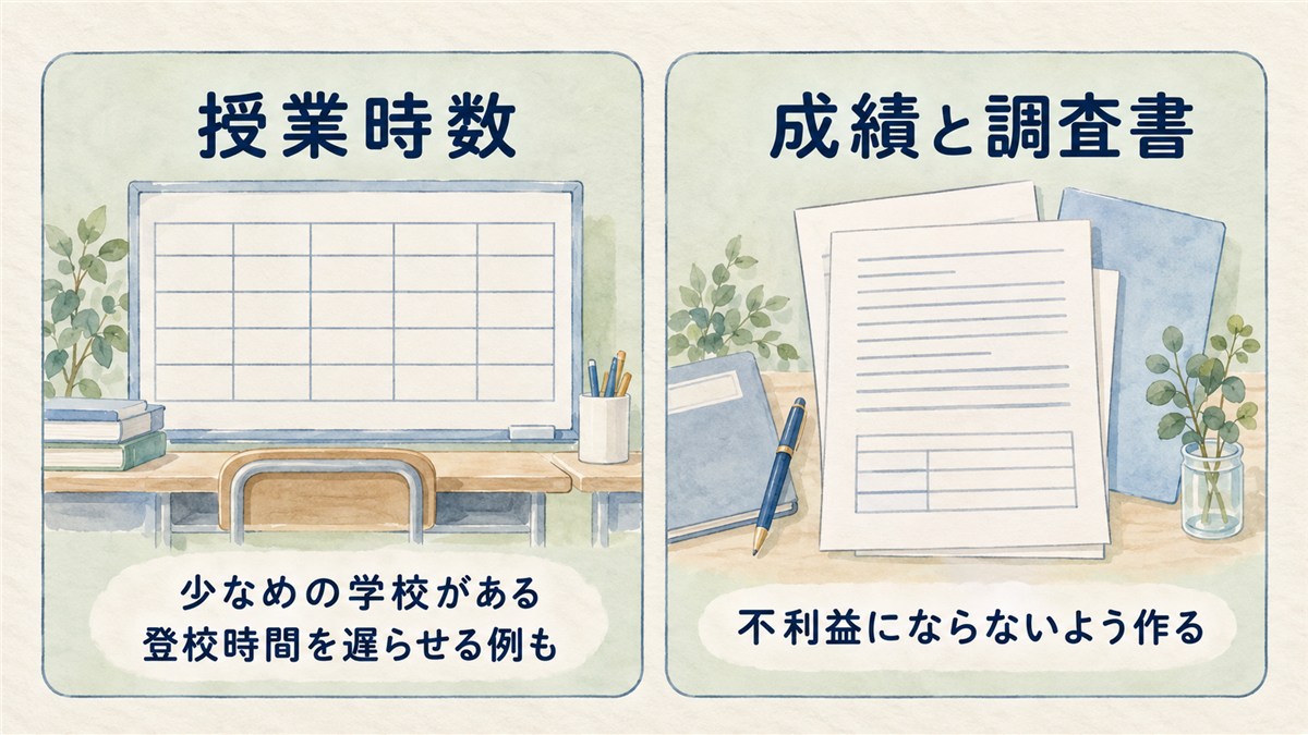 空欄の時間割と線だけの書類で、授業時数や登校時間の例、成績と調査書の作成方針を示した図解