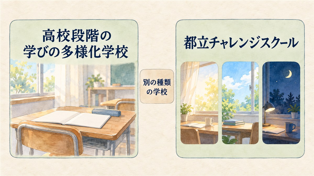 教室の机と朝・昼・夜の小窓を別々のカードに置き、高校段階の学びの多様化学校と都立チャレンジスクールを区別した図解