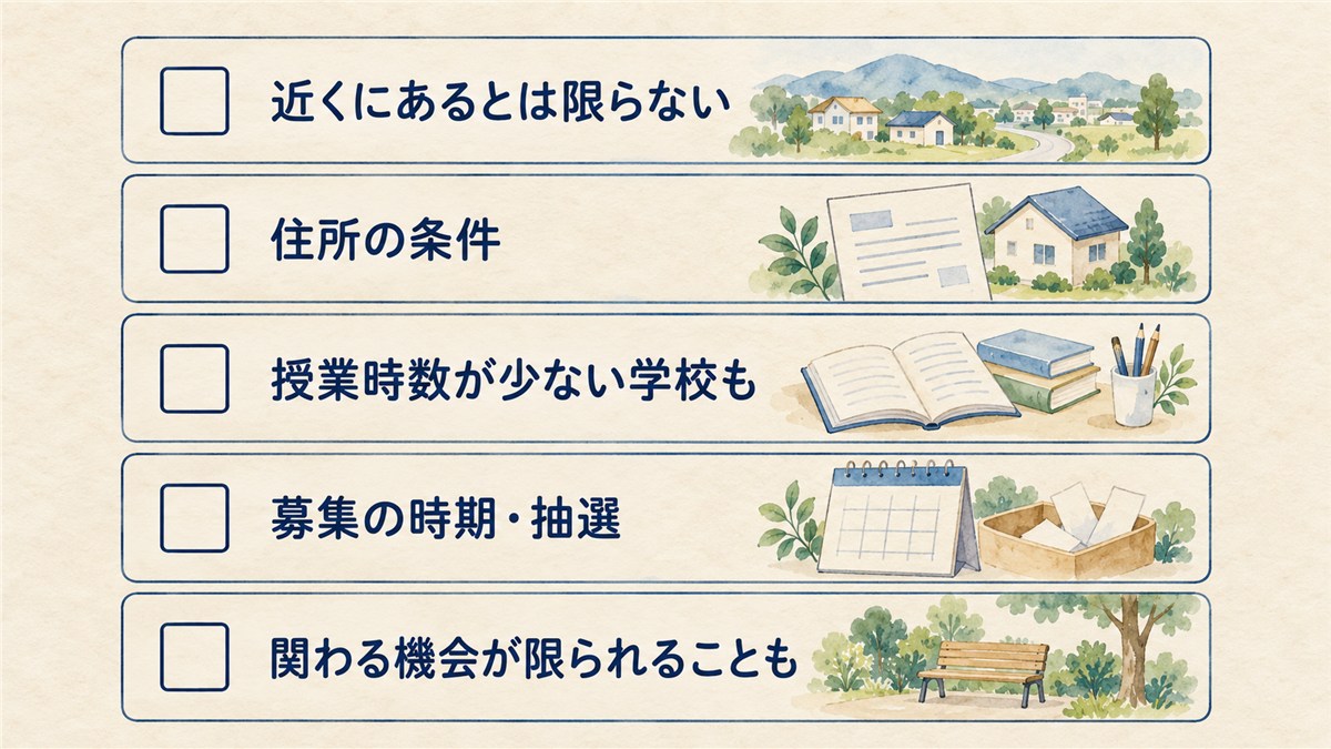立地、住所、授業時数、募集時期、関わる機会について、空欄のチェック欄で整理した注意点の図解