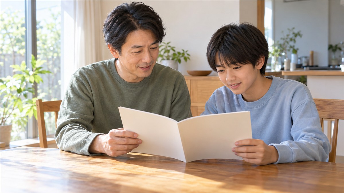 昼の明るい食卓で、無地の冊子を開いて一緒に見る日本人の父親と小学校高学年から中学生くらいの子ども