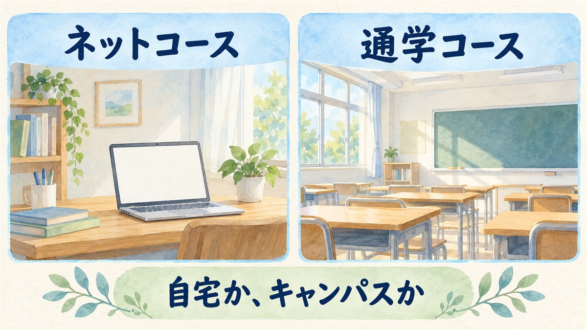 自宅で学ぶネットコースとキャンパスで学ぶ通学コースを、同じ大きさのカードに並べた図解