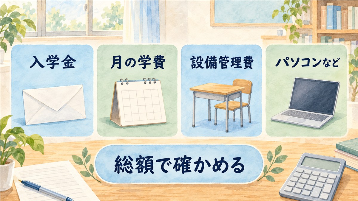 入学金、月の学費、設備管理費、パソコンなどの費用を並べ、総額で確かめることを示した図解