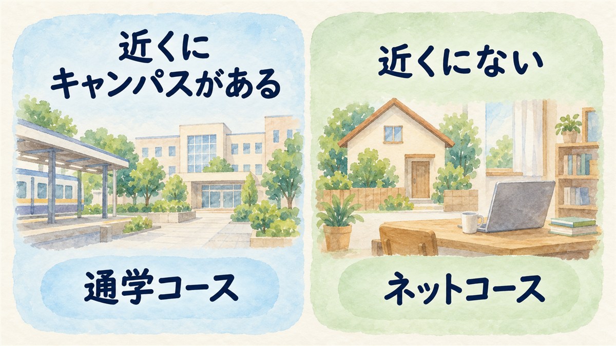 近くにキャンパスがある場合の通学コースと、近くにない場合のネットコースを左右の同じ大きさの枠で整理した図解