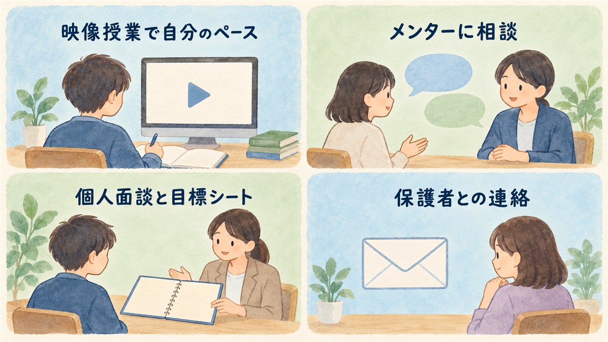 映像授業で自分のペース、メンターに相談、個人面談と目標シート、保護者との連絡を同じ大きさの四つの枠に並べた図解