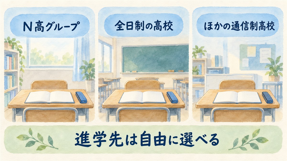 N高グループ、全日制の高校、ほかの通信制高校を同じ大きさで並べ、進学先は自由に選べることを示した図解