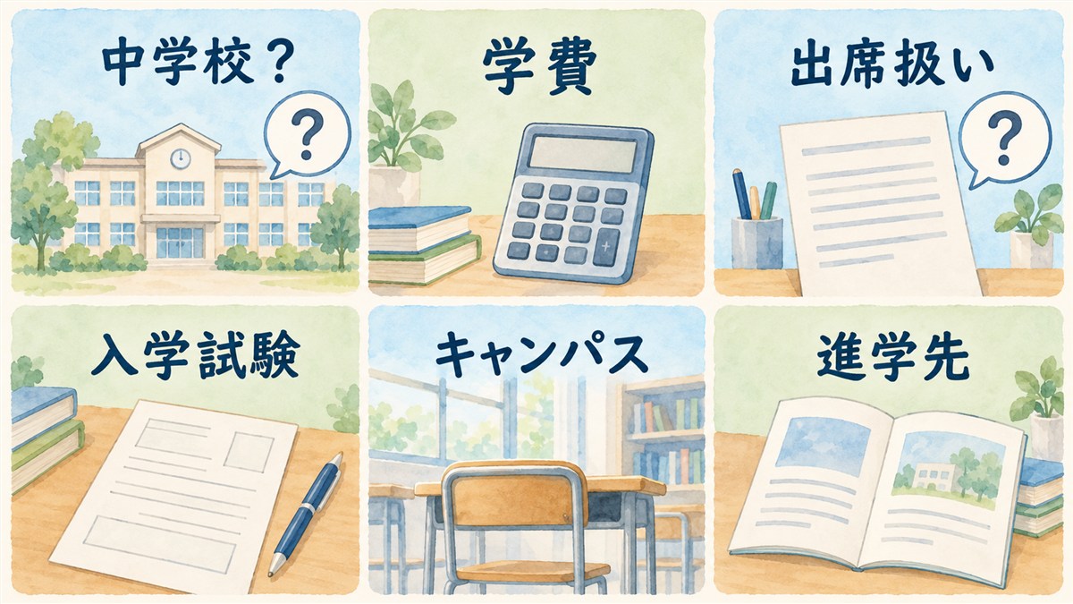 中学校か、学費、出席扱い、入学試験、キャンパス、進学先を中立的なアイコンで整理したFAQ図解
