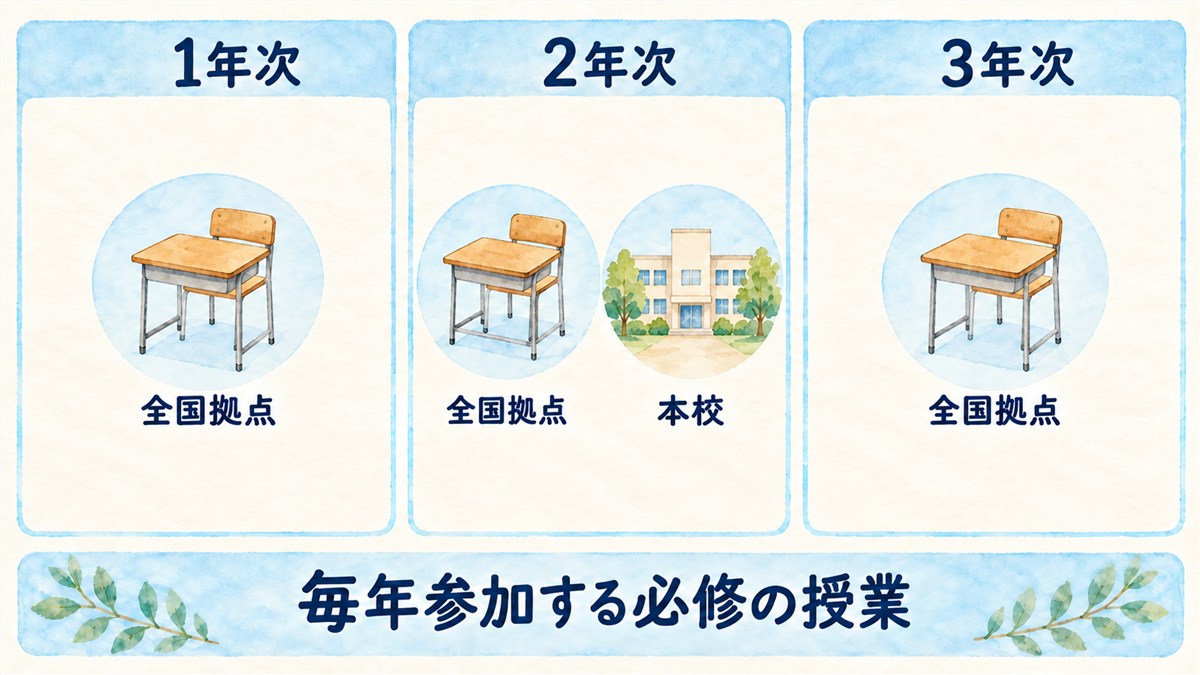 各年次の全国拠点を教室の机といすで示し、2年次には木に囲まれた一般的な本校の校舎も並べた、毎年参加する必修の授業の図解