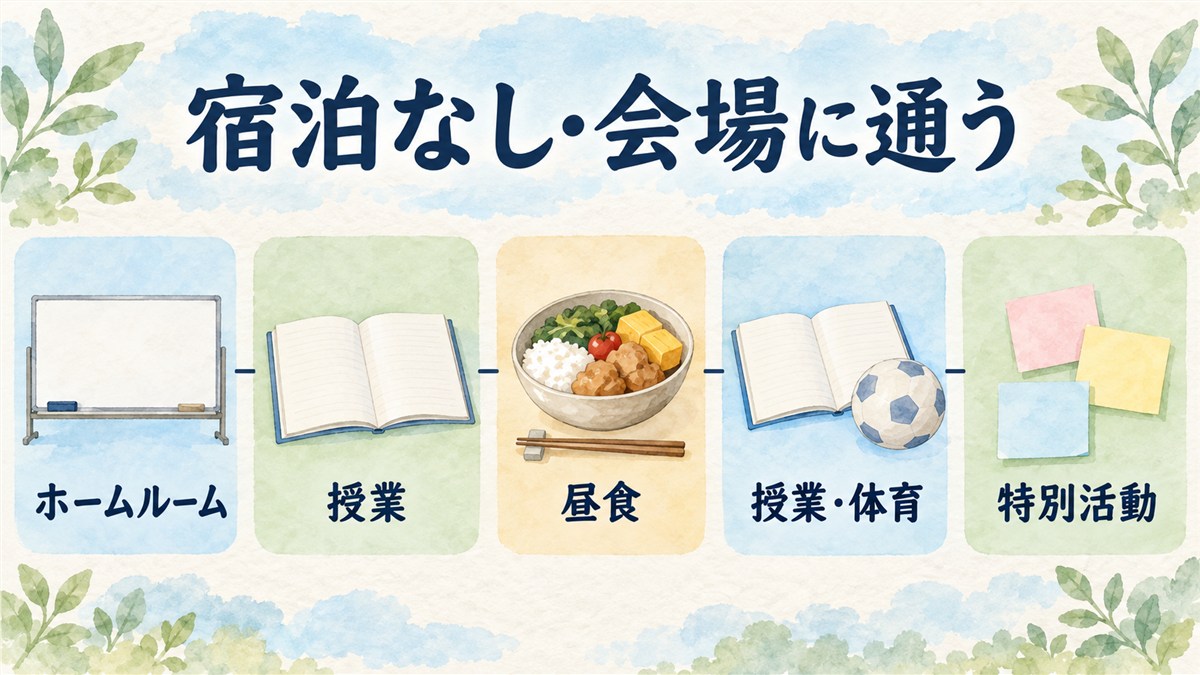 宿泊なしで会場に通うことと、ホームルーム、授業、昼食、授業・体育、特別活動の流れを細い線で示した図解