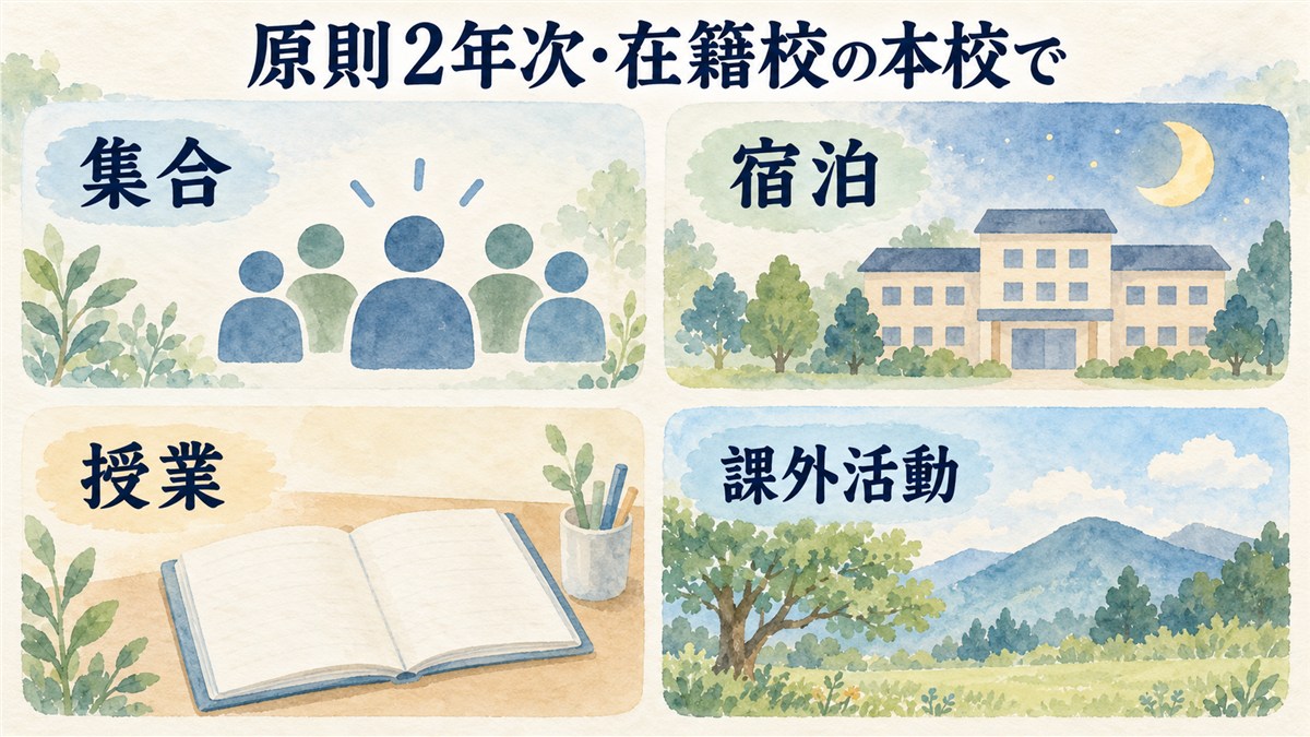 原則2年次に在籍校の本校で受けるスクーリングを、集合、宿泊、授業、課外活動の四つの枠で整理した図解