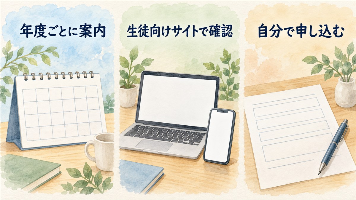 空マスのカレンダーと無地の端末画面、書類で、年度ごとの案内、生徒向けサイトでの確認、自分での申し込みを示した図解