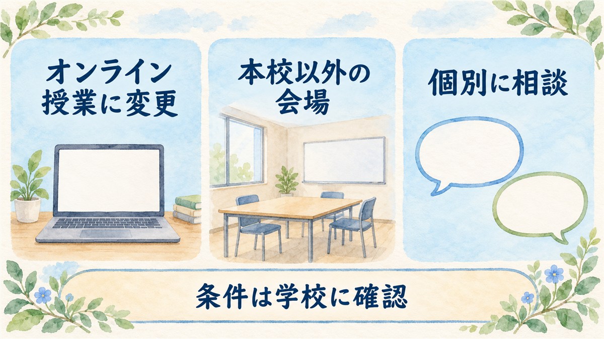 オンライン授業への変更、本校以外の会場、個別の相談を並列に示し、条件は学校に確認することを添えた図解
