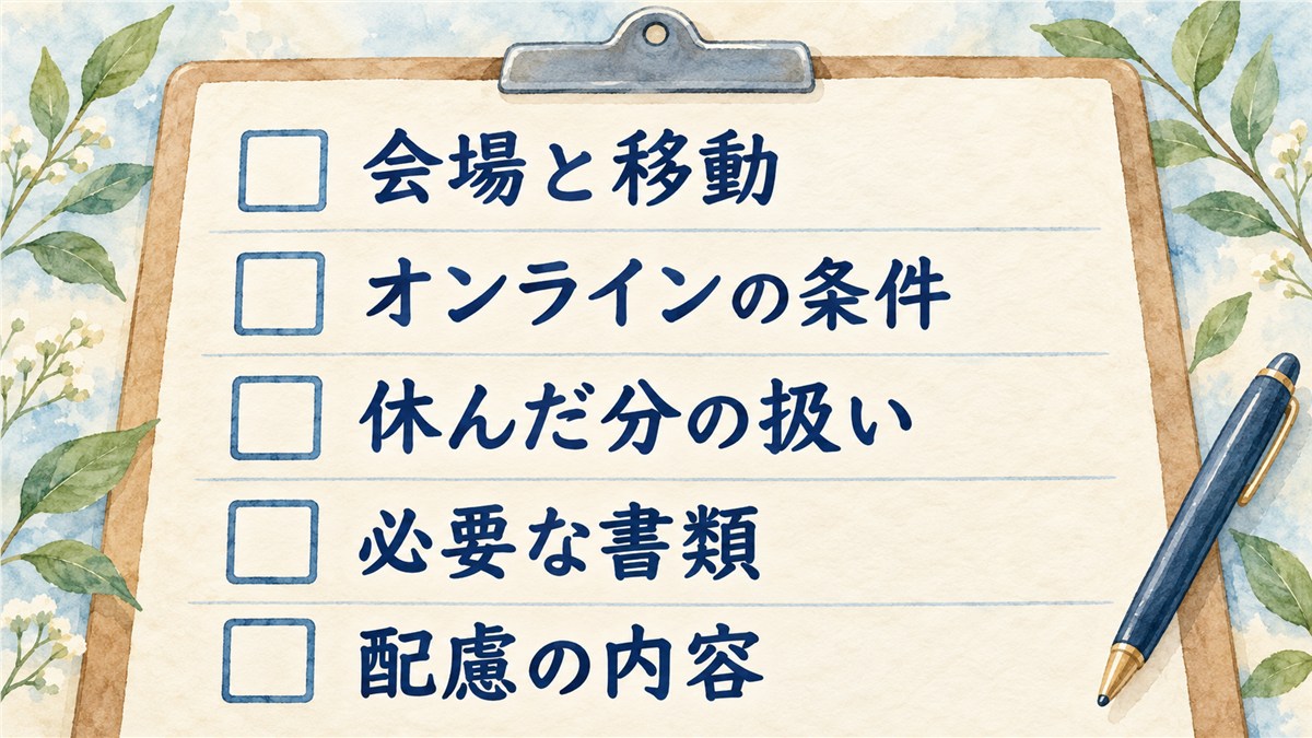 会場と移動、オンラインの条件、休んだ分の扱い、必要な書類、配慮の内容を空欄のチェック欄で確認する図解