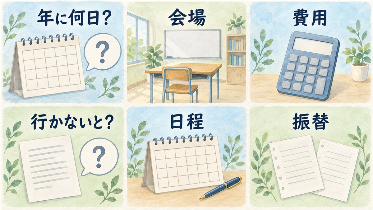 年に何日か、会場、費用、行かない場合、日程、振替について中立的なアイコンで整理したFAQ図解
