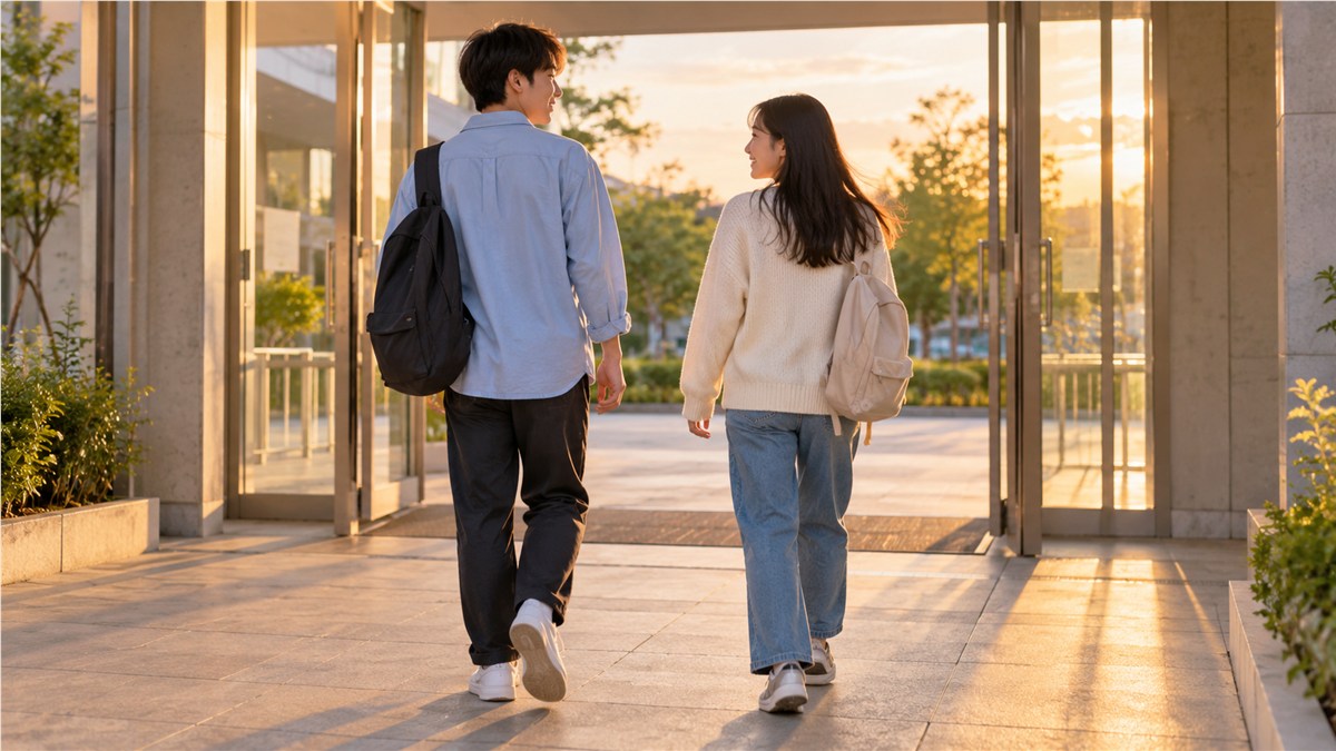 夕方のやわらかい光の中、一般的な建物の出入口から並んで歩いて出てくる私服の日本人高校生くらいの2人