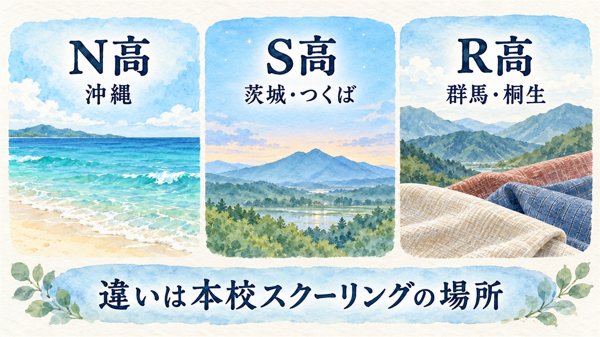 N高の沖縄、S高の茨城・つくば、R高の群馬・桐生を、海・山と星空・織物のモチーフで同じ大きさのカードに並べた図解