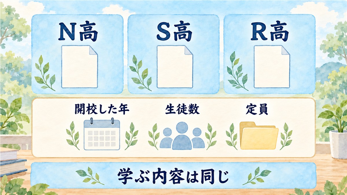 N高・S高・R高の同じ大きさのカードと、3校に共通する開校した年・生徒数・定員の確認項目を1本の横長の帯にまとめた図解