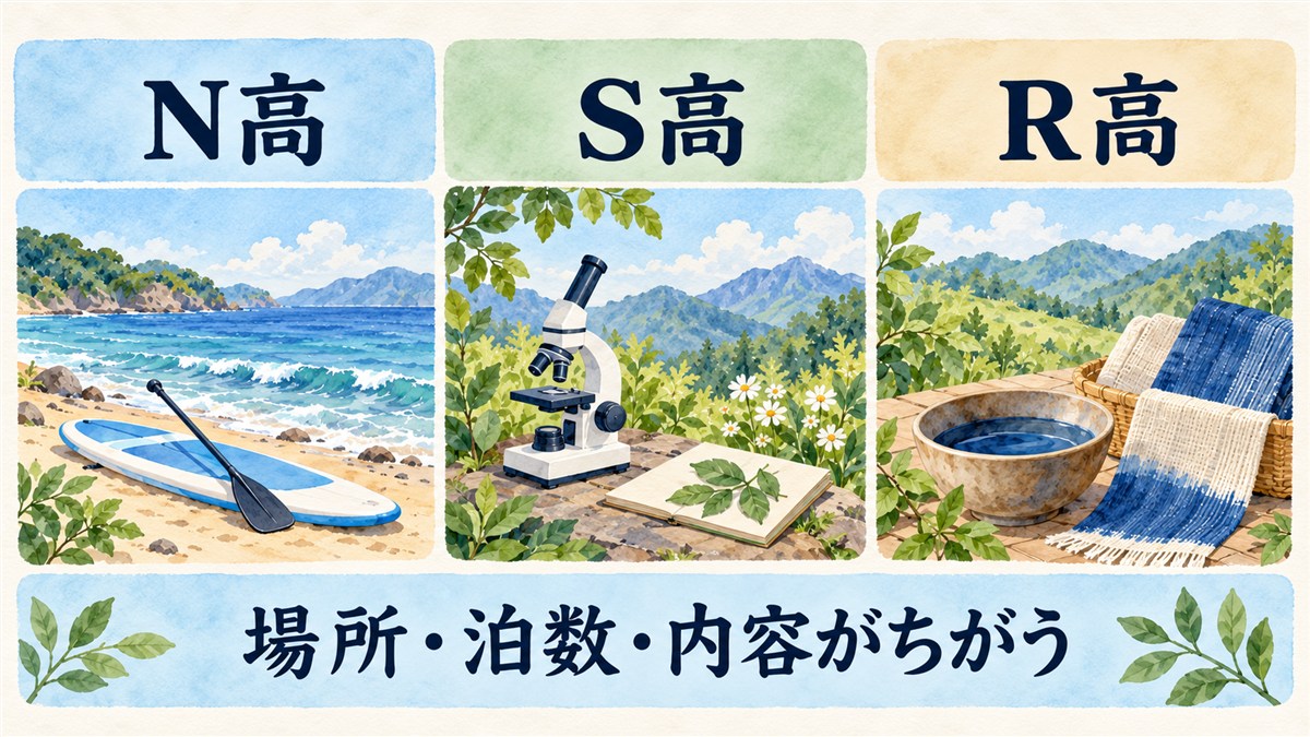 N高・S高・R高の海辺の活動、科学と自然、織物と染め物のモチーフを1段の同じ幅の列に並べ、場所・泊数・内容がちがうと示した図解
