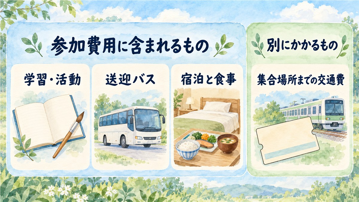 参加費用に含まれる学習・活動、送迎バス、宿泊と食事と、別にかかる集合場所までの交通費を分けた図解