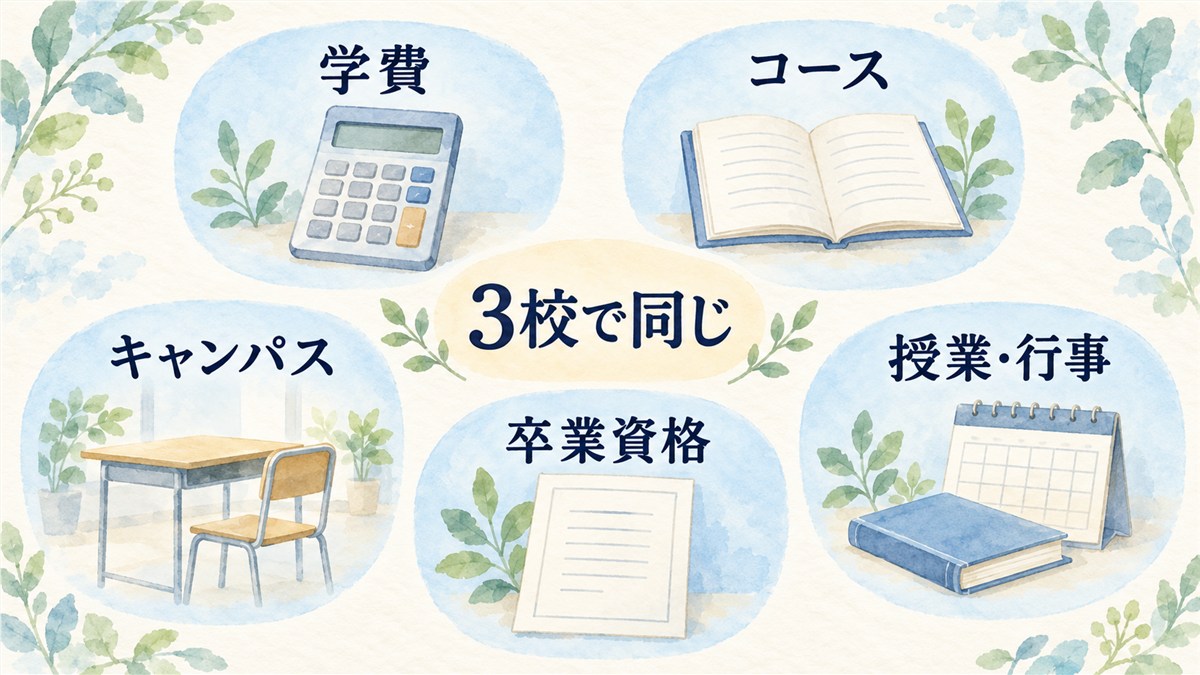 学費・コース・キャンパス・卒業資格・授業と行事が3校で同じであることを、同等の札で示した図解