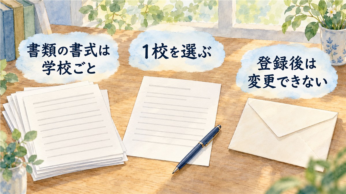 出願書類・封筒・ペンと、1校を選ぶ、登録後は変更できない、書類の書式は学校ごとの注意点を描いた図解