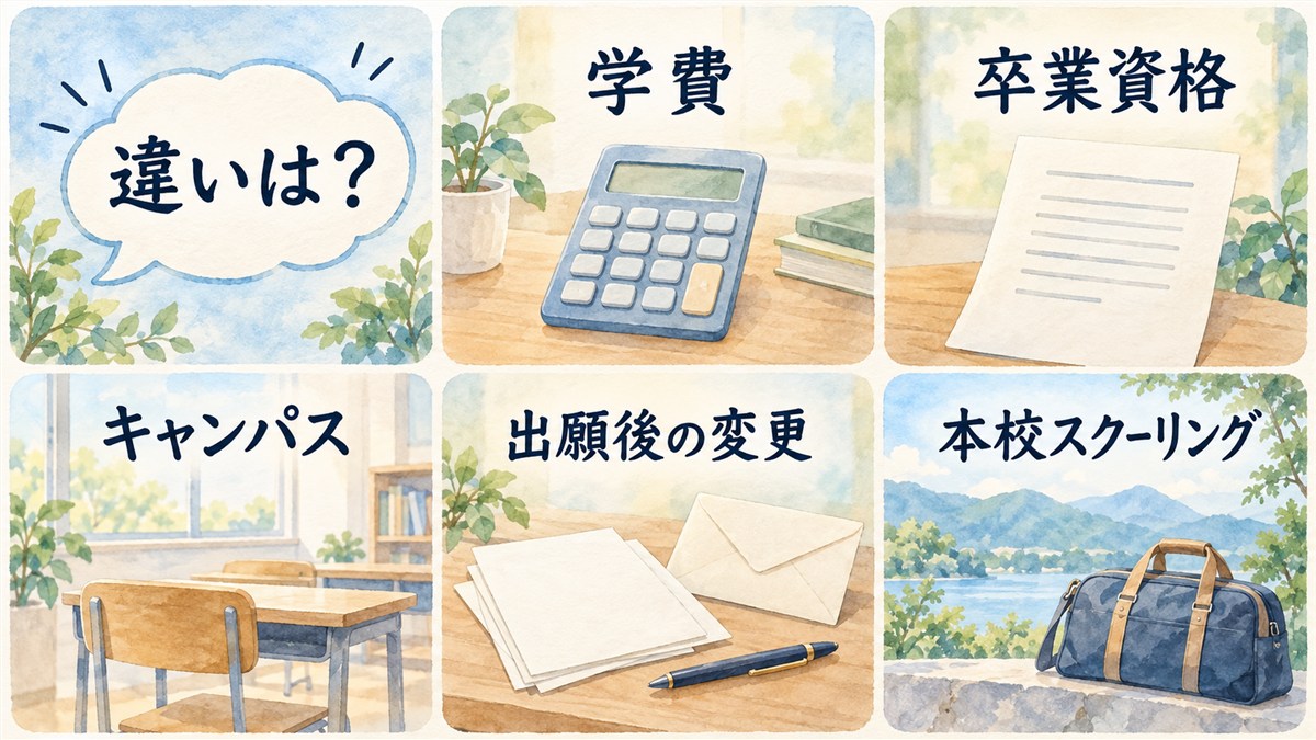 違い、学費、卒業資格、キャンパス、出願後の変更、本校スクーリングを同等の6タイルで示したFAQ図解