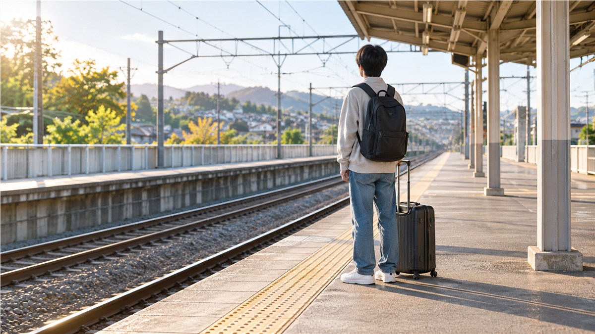 朝の明るい駅のホームで、リュックを背負い小さな旅行かばんを横に置いて電車を待つ、日本人の高校生くらいの子どもの後ろ姿