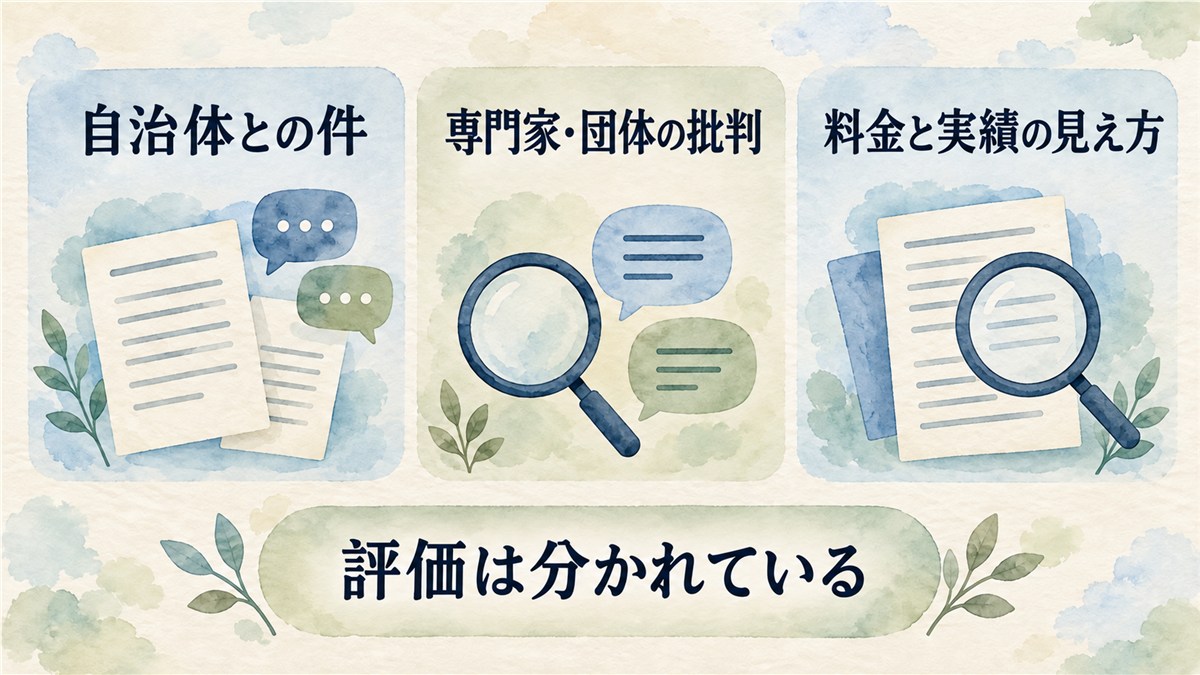 自治体との件、専門家・団体の批判、料金と実績の見え方を並列に整理した図解