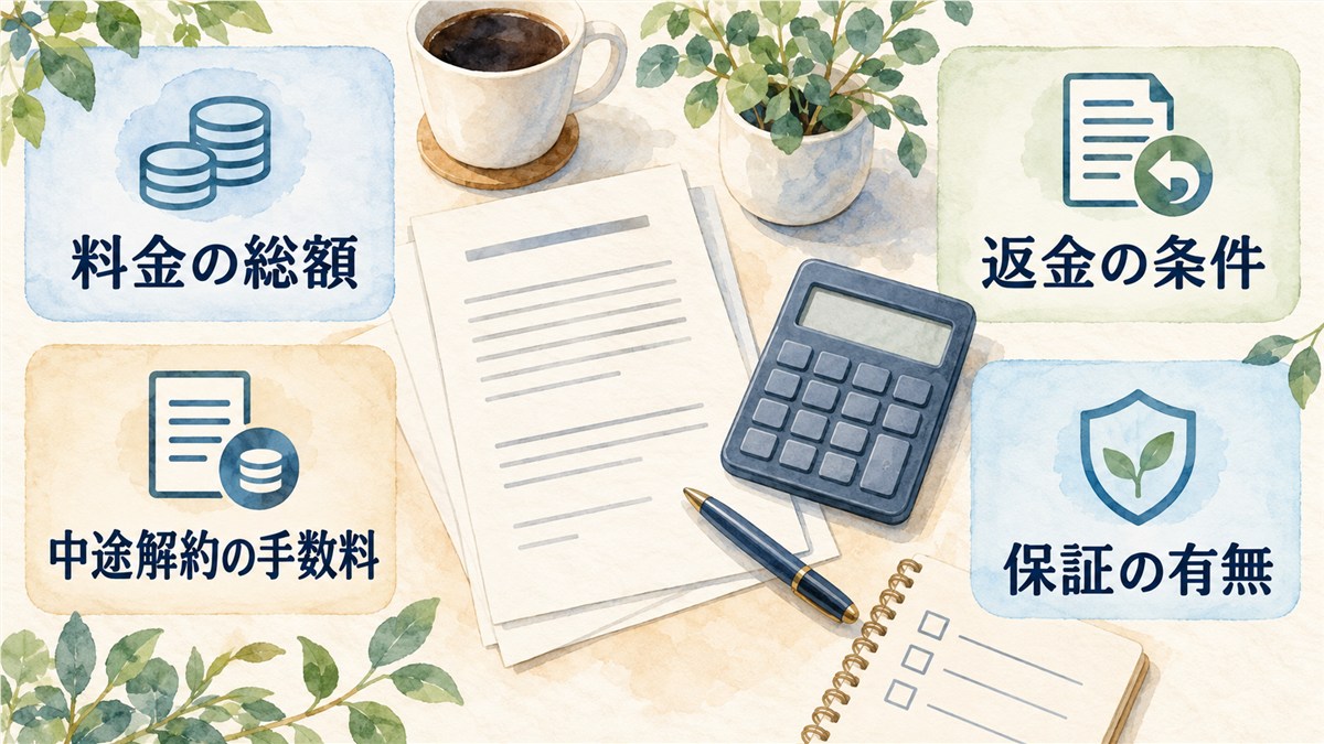 契約書類と電卓のそばに、料金の総額、返金の条件、中途解約の手数料、保証の有無を並べた図解