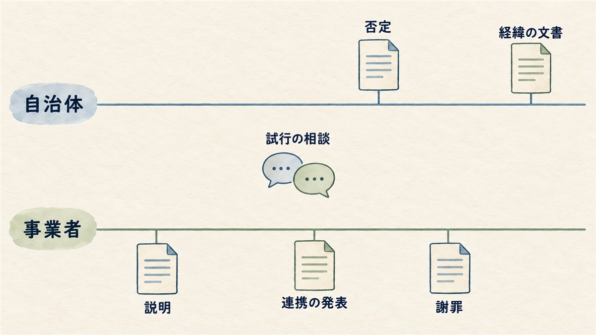 自治体と事業者の出来事を時間順に並べ、説明、試行の相談、連携の発表、否定、謝罪、経緯の文書の流れを示す図解