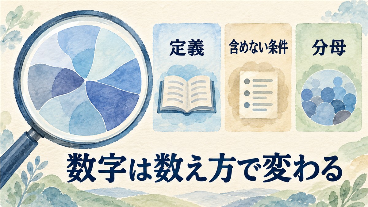 抽象的な円形図を虫めがねで見ながら、定義、含めない条件、分母を確かめる図解