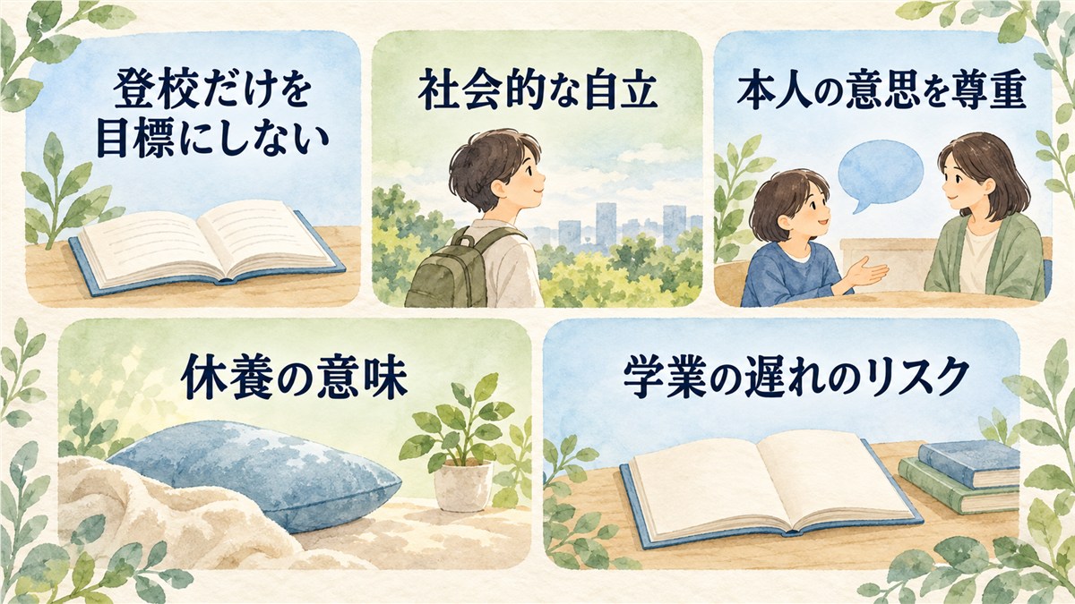 登校だけを目標にしないこと、社会的な自立、本人の意思の尊重と、休養・学業への留意点を並列に示す図解