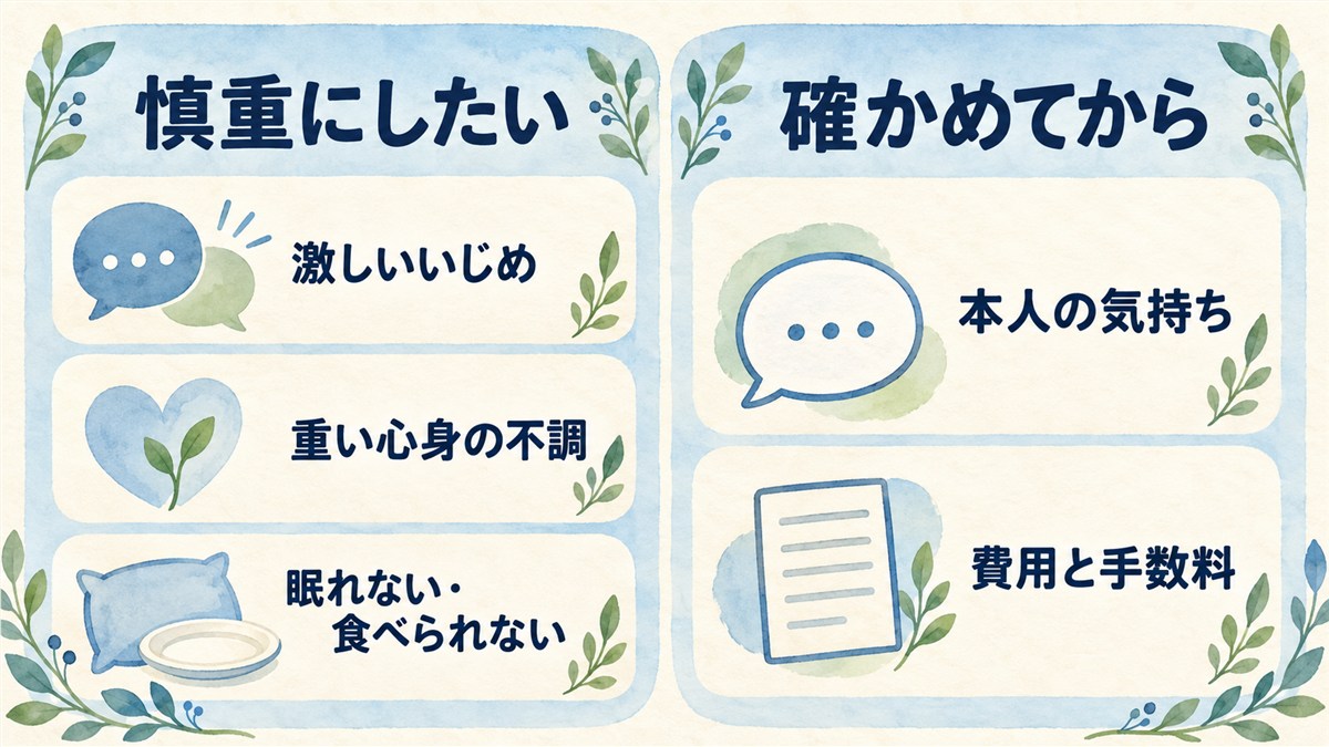 慎重に検討したい状況と、本人の気持ちや費用など確かめたい項目を同じ色調の二列で整理した図解