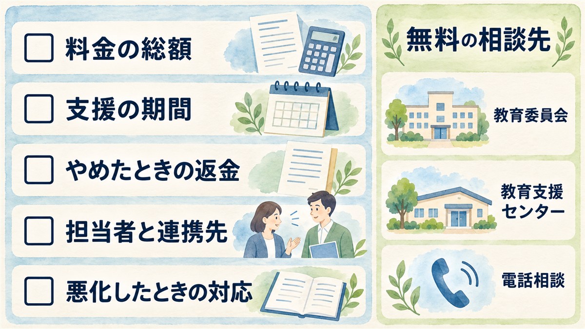 契約前の料金・期間・返金・担当者・悪化時の対応と、無料の相談先を示したチェックリスト