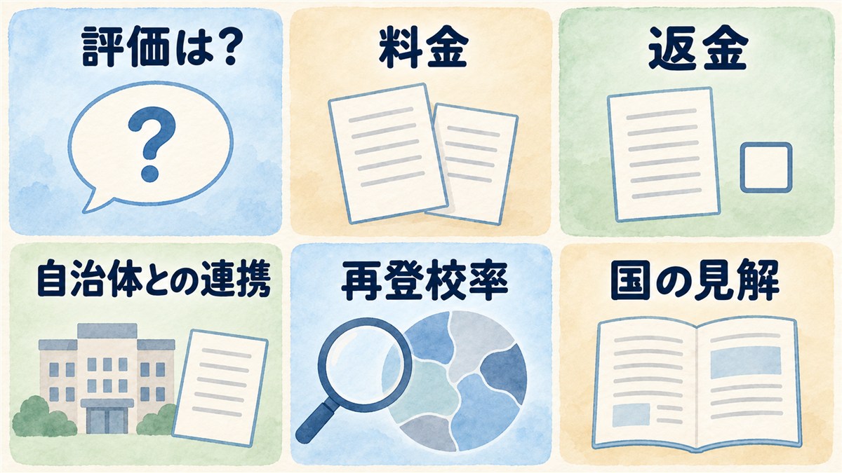 評価、料金、返金、自治体との連携、再登校率、国の見解をタイルで整理したFAQ図解