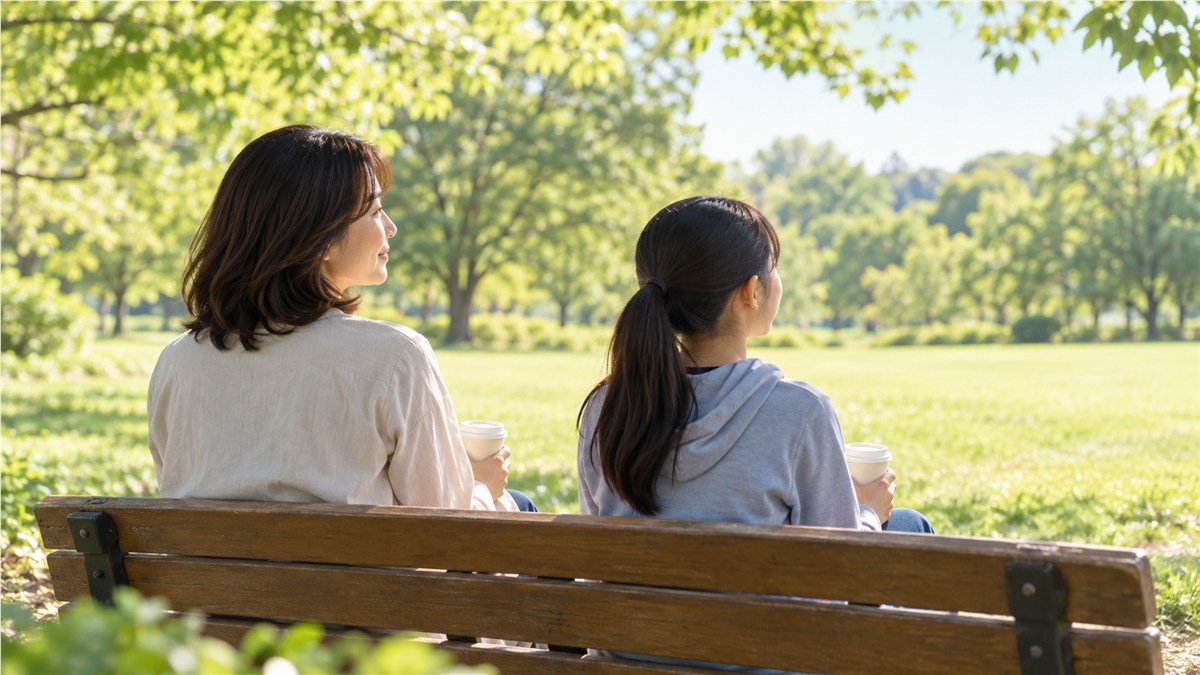 朝の明るい公園のベンチに少し間をあけて座り、それぞれ飲み物を持つ日本人の母親と中学生くらいの子ども