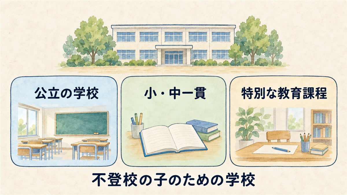 一般的な校舎と、公立の学校・小中一貫・特別な教育課程という位置づけを整理した図解