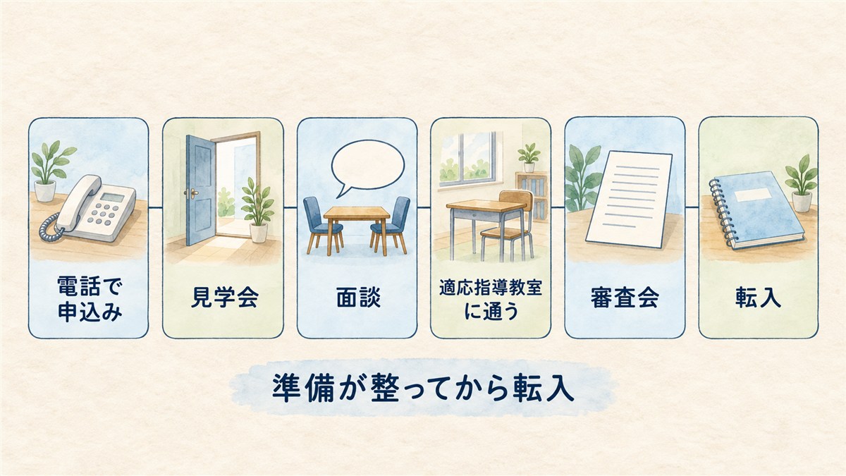 電話での申込み、見学会、面談、適応指導教室、審査会、転入を順に並べた手順の図解