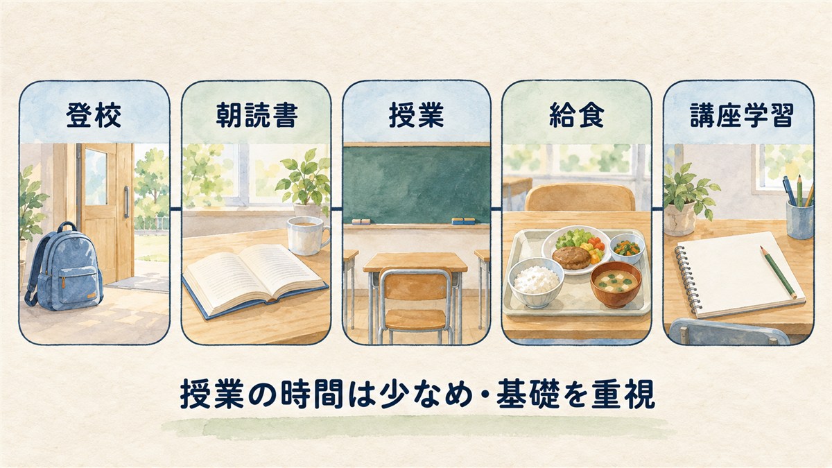 登校、朝読書、授業、給食、講座学習を、時刻を入れずに並べた一日の流れの図解