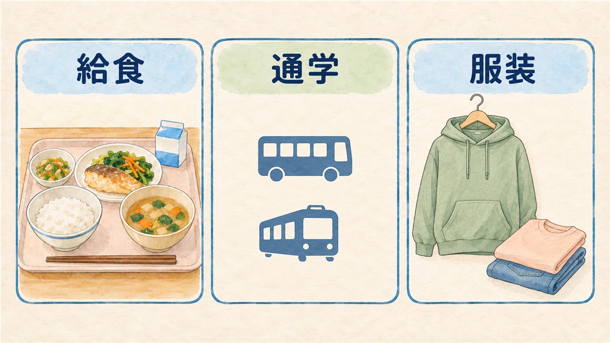 給食のトレー、単色のバスと電車の小さなアイコン、パーカーとたたんだTシャツ・ジーンズで学校生活を示した図解