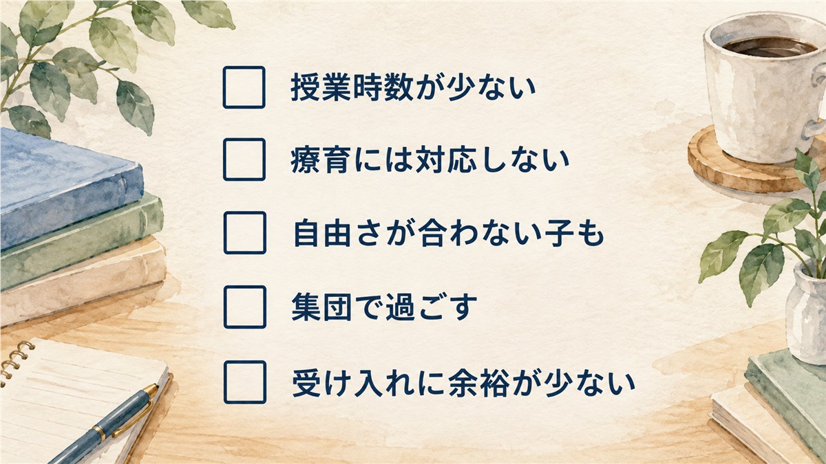 授業時数、療育への対応、自由さ、集団生活、受け入れの余裕について、空欄のチェック欄で整理した注意点の図解
