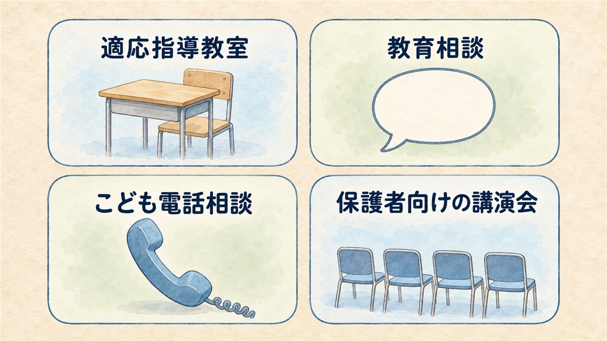 適応指導教室、教育相談、こども電話相談、保護者向けの講演会を中立的なアイコンで示した図解