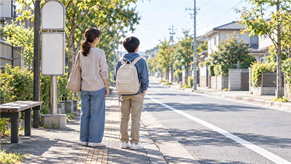 朝の住宅街のバス停で、少し間をあけて並び、同じ方向を見る日本人の母親とリュックを背負った中学生くらいの子どもの後ろ姿