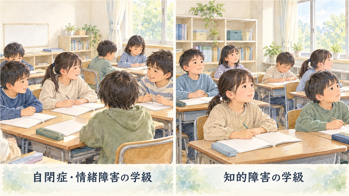 自閉症・情緒障害の学級と知的障害の学級で、私服の子どもたちが学ぶ明るい教室を同じ大きさで並べたイラスト