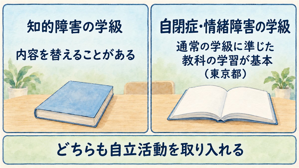 知的障害の学級の内容変更と、東京都の自閉症・情緒障害の学級の教科学習の基本、共通する自立活動を整理した図解