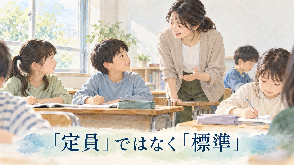 教室の一部を切り取った学習場面に、定員ではなく標準という言葉を添えたイラスト