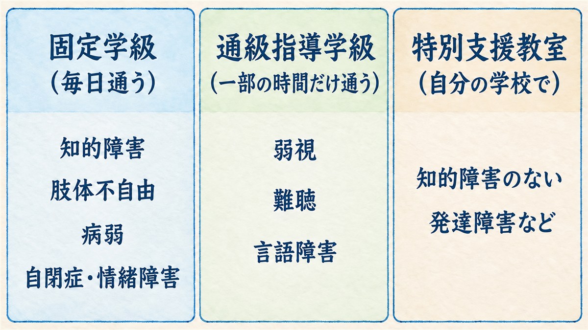 固定学級と通級指導学級の種類、知的障害のない発達障害などを対象とする特別支援教室を同じ大きさの区画で整理した図解