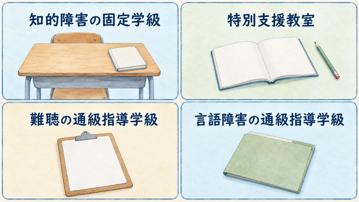 知的障害の固定学級、特別支援教室、難聴と言語障害の通級指導学級を、中立的な学習用品のカードで整理した図解
